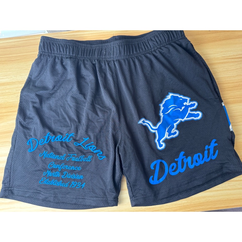 Mens Ultra Game NFL Detroit Lions Black Mesh Athletic Basketball Shorts Medium